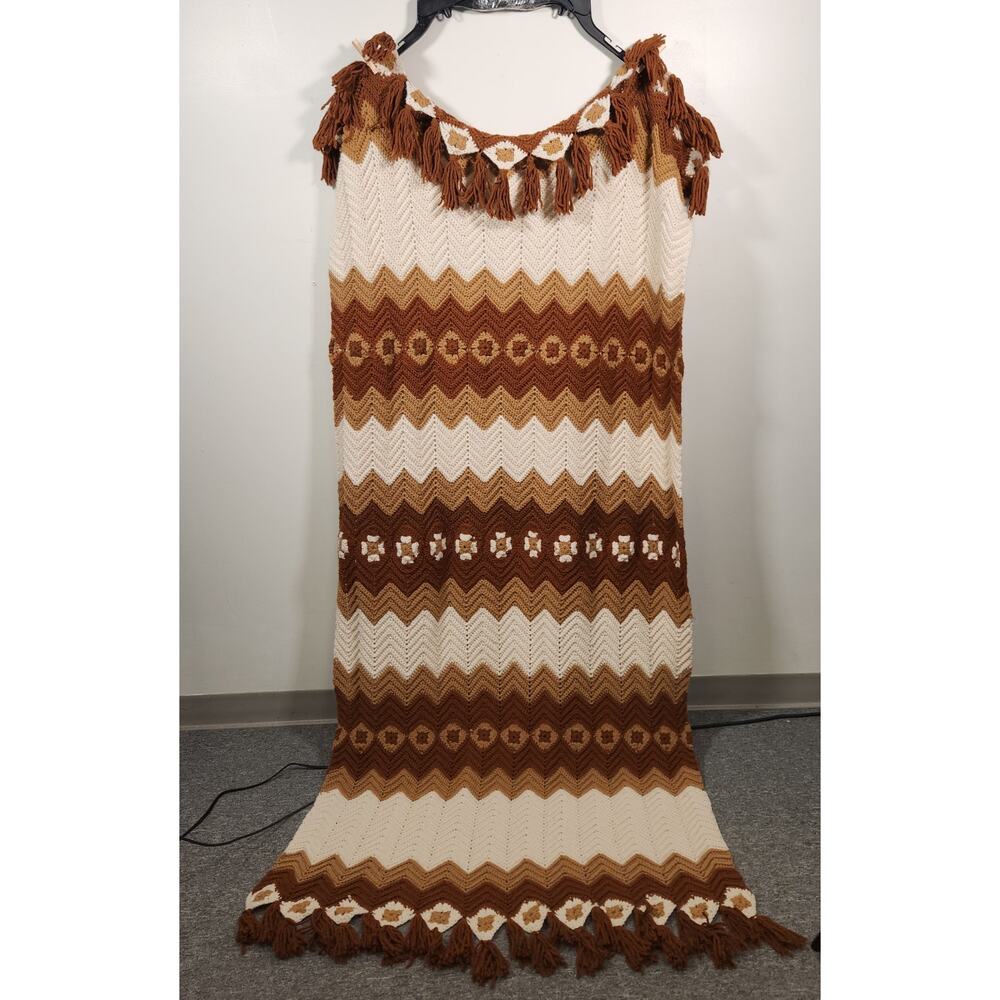 HANDMADE Crocheted Afghan Throw Blanket 81" x‎ 36" Plus 4" Tassels Browns Cream